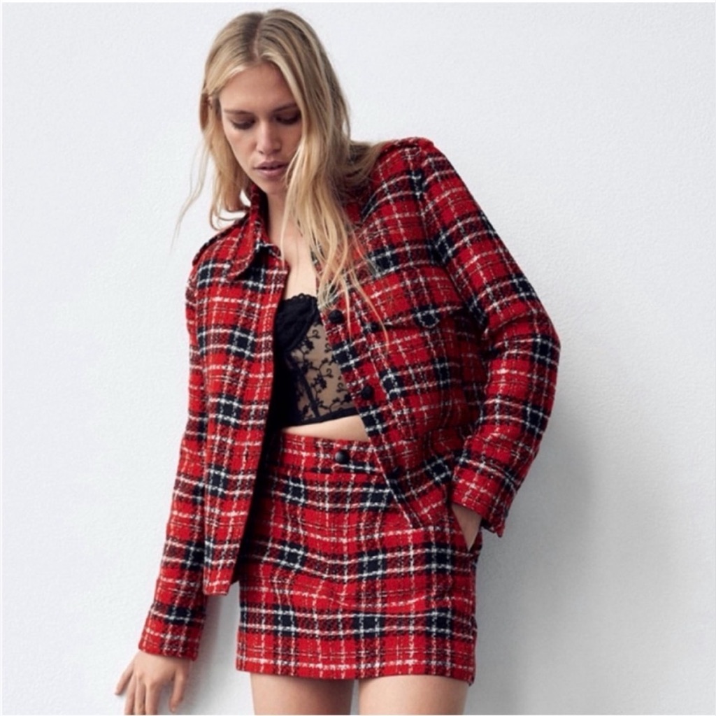 Zara Red Tweed Blazer Jacket Size Xxl